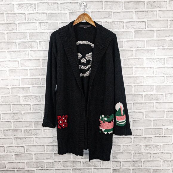 Skull Cashmere open front Hooded Cardigan in Black Embroidered Women's Medium - Picture 4 of 10